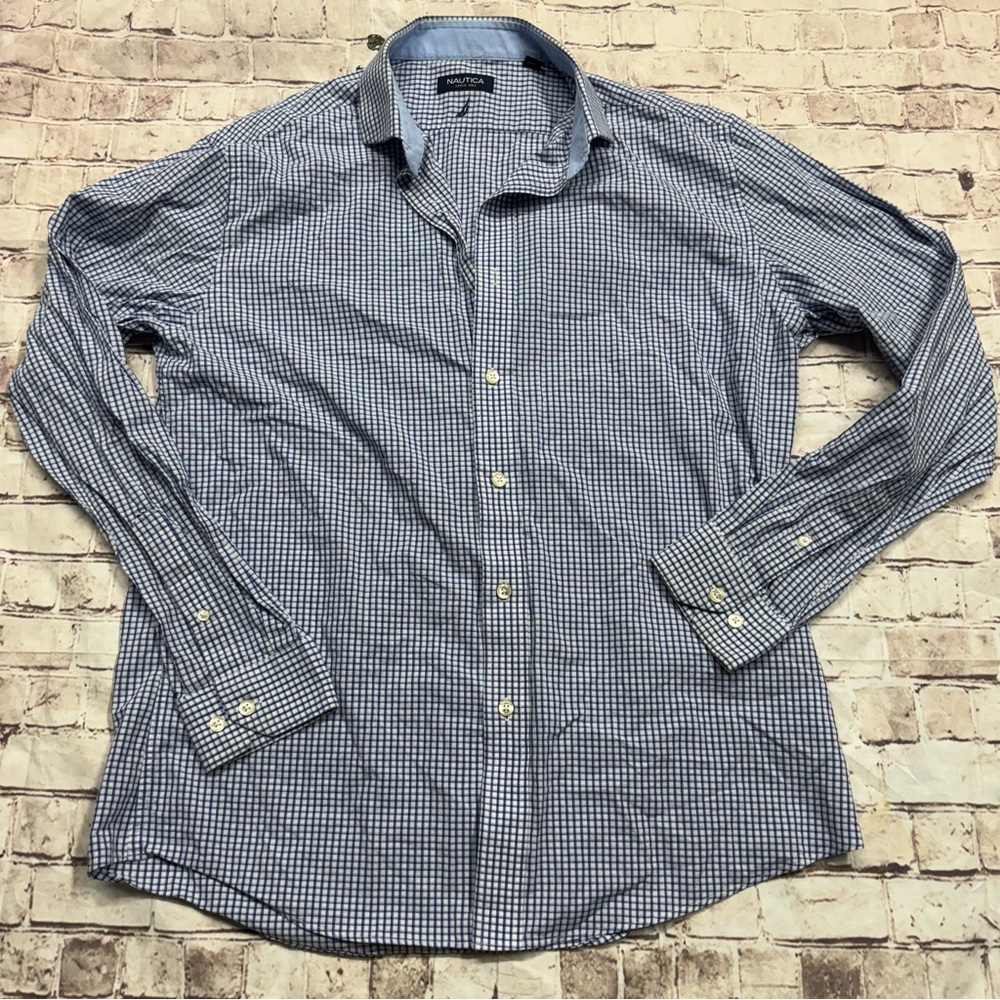 Nautica Sz 16 checkered navy blue button up dress shirt